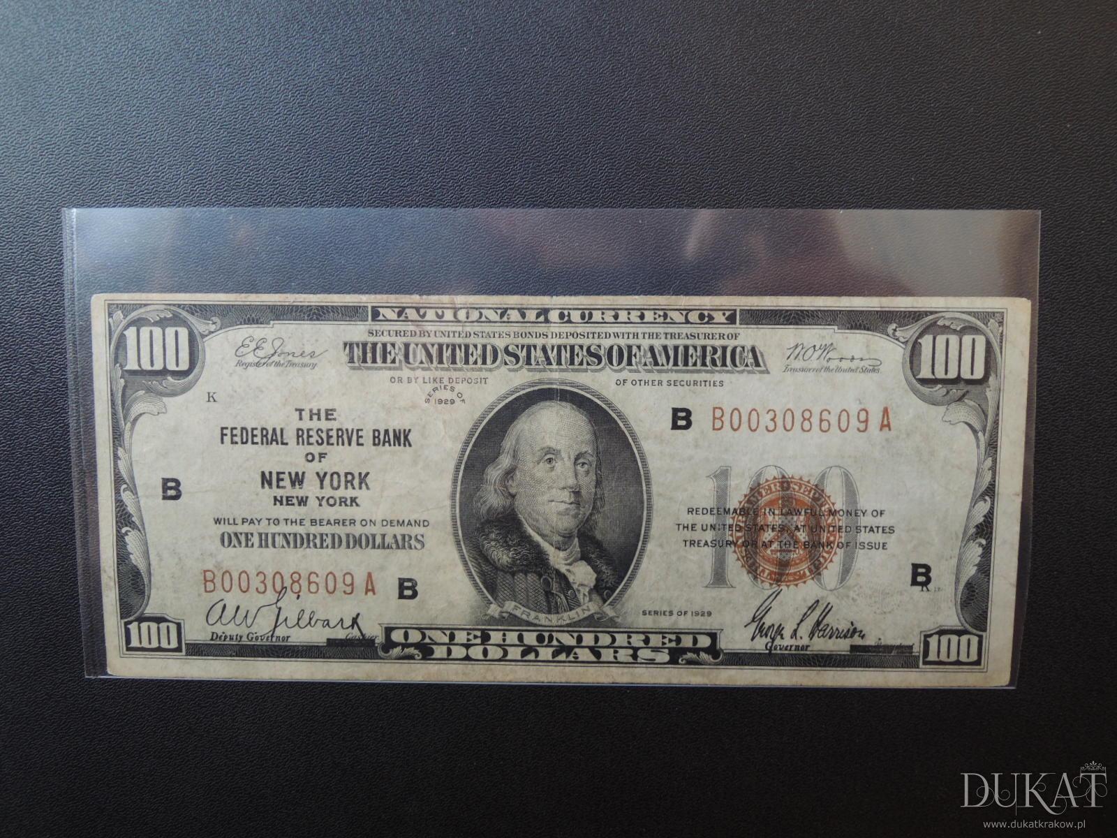 Banknot 100 Dolar&oacute;w 1929 r. - USA. - zdjęcie przedmiotu
